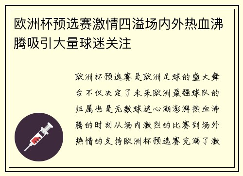 欧洲杯预选赛激情四溢场内外热血沸腾吸引大量球迷关注